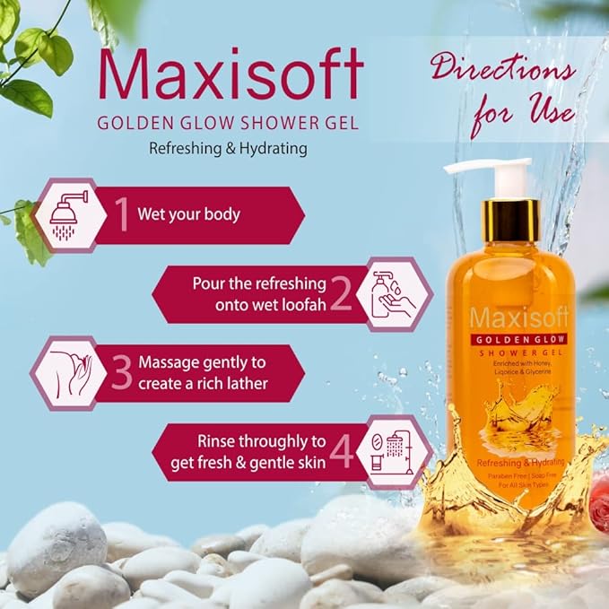 Maxisoft Golden Glow Shower Gel | Refreshing & Hydrating | pH Balanced - 300 Ml
