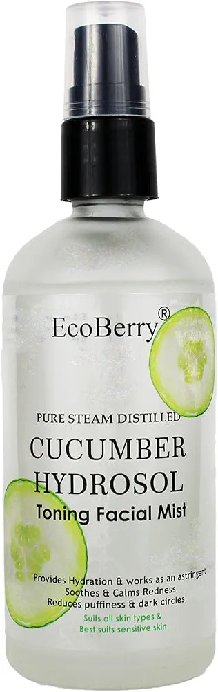 EcoBerry Pure Steam Distilled Cucumber Hydrosol Toning Facial Mist for Hydration, Softens, Soothes Sun burn, Reduces Facial Redness, Suits All Skin Types, Natural, Chemical Free, Paraben Free, Vegan