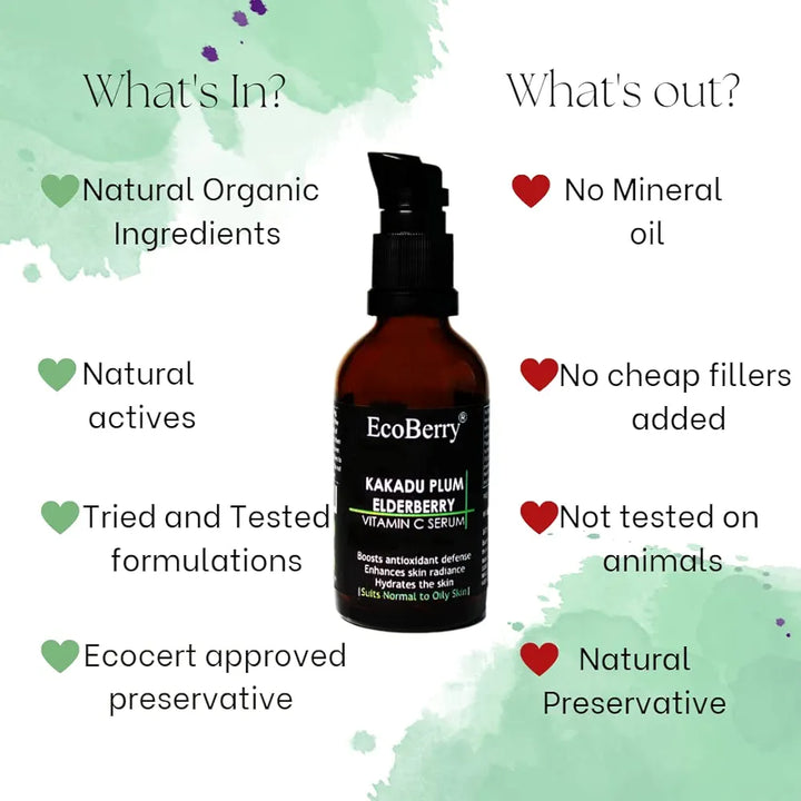 EcoBerry Kakadu Plum Elderberry Vitamin C Serum For Brightening & Glowing Skin, Natural Plant Based Vitamin C Formulation For Men & Women, Chemical Free, Preservative Free, Paraben Free, Vegan