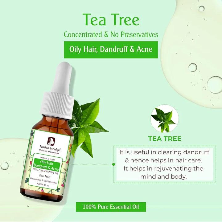 Passion Indulge Natural Tea Tree Essential Oil for Oily Hair Dandruff & Acne | No Preservatives | 100% Vegetarian| Vegan - 10ml
