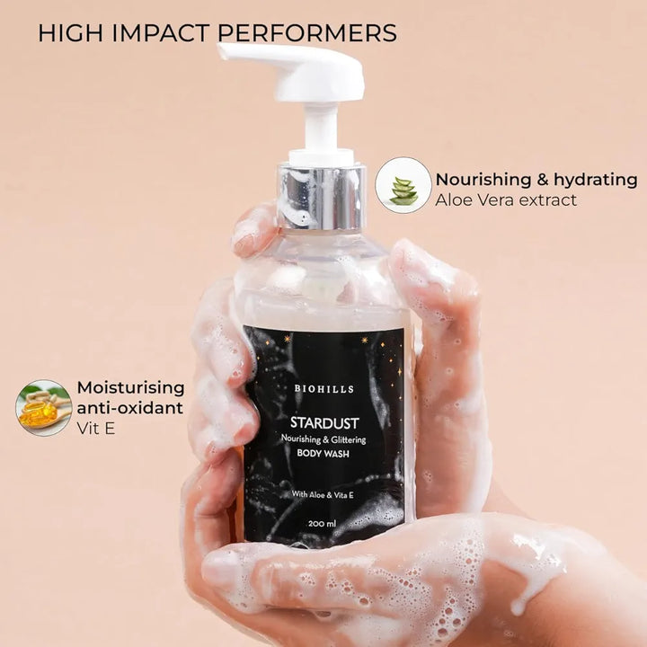 Biohills Star Dust Shower Gel | 200ml | Aloe Vera Extract For Soothing and Nourished Skin | Shimmering Finish On Skin | Enriched With Vitamin E For Radiant Glow