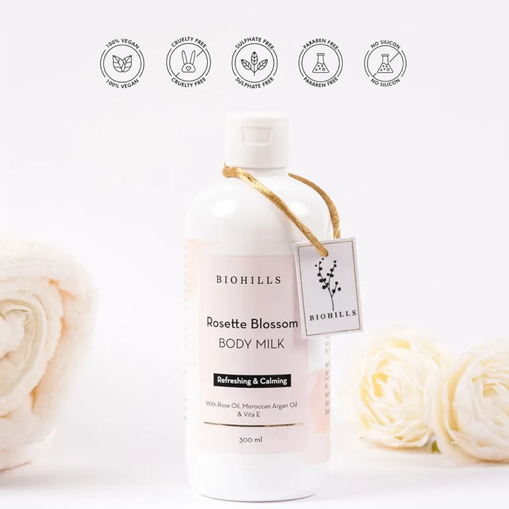 Biohills Rosette Blossom Body Milk | 300ml | Luxurious Fragrance, Non-Greasy, Deeply Moisturizing | Enriched with Wheat Germ Oil, Rose Oil & Moroccan Argan Oil | Infused with Vitamin E & Kokum Butter