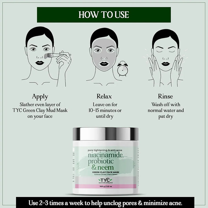 TYC Green Clay Face Mask With Niacinamide, Probiotics, Neem | Anti-Acne And Pore Cleansing Clay Mask For Oily, Acne-Prone Skin And Helps To Reduce Excess Oil | 100 gm Pack Of 1
