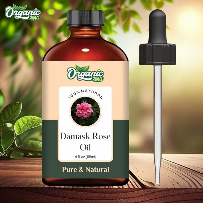 Organic Zing Damask Rose (Rosa × Damascena) Oil | Essential Oil for Skincare, Hair Care, Aroma and Diffusers - 118 Ml