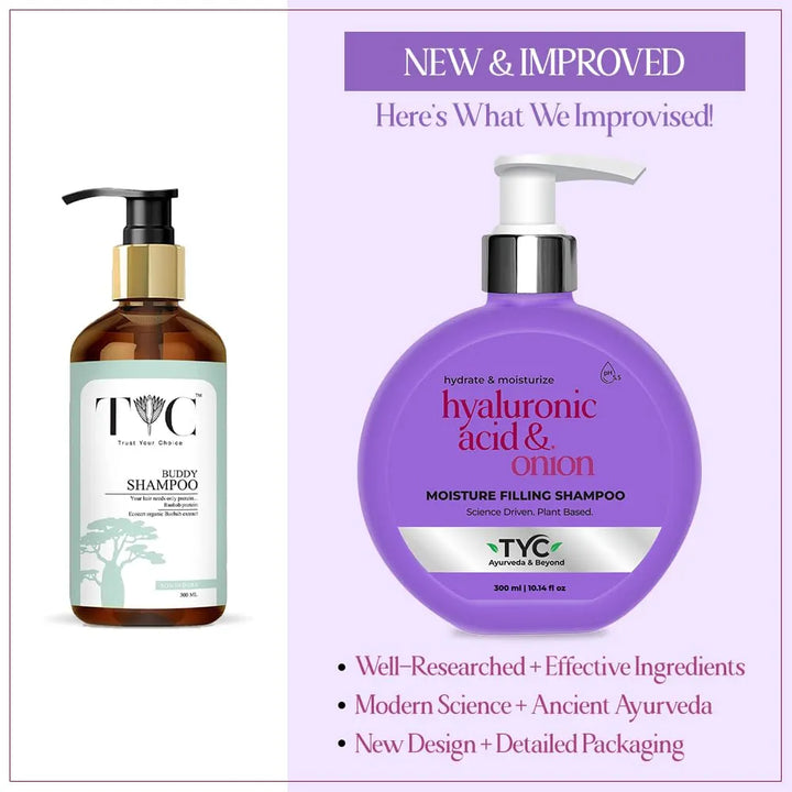 TYC - TRUST YOUR CHOICE Ayurvedic Moisture Filling Shampoo For Dry, Damaged Frizzy Curly Hair | Hyaluronic Acid And Onion | Sulphate And Paraben Free | 3-In-1 Shampoo With Conditioner | 300 Ml