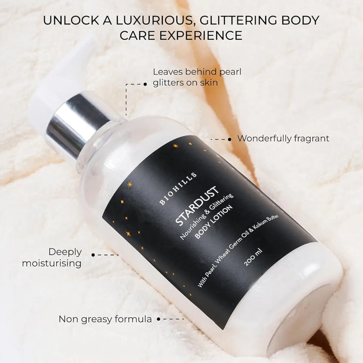 Biohills Stardust Body Milk | 200ml | Luxurious Fragrance, Non-Greasy, Deeply Moisturizing | Enriched with Wheat Germ Oil, Vitamin E & Moroccan Almond Oil | Pearls Radiance & Shimmering Glitters