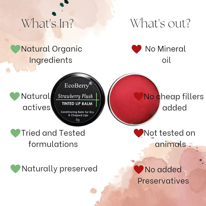 EcoBerry Strawberry Plush Tinted Lip Balm For Natural Pink Lips Dry, chapped Lips | Moisturizing Conditioning Natural SPF | Enriched with Strawberry extracts, Vitamin E & Shea butter 100% Pure, Natural & Handmade, Mineral Oil Free, Preservative Free, Paraben Free | Veg