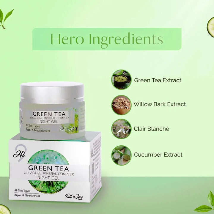 Hi9 Green Tea Night Gel Cream - 50g | Infused with Active Mineral Complex for Glowing & Hydrated Skin | Overnight Repair with Green Tea | Cucumber & Aloe Extracts - Perfect for Men & Women