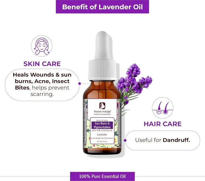 Passion Indulge Natural Lavender Pure Essential Oil, for Acne | Sun Burn | Pigmentation & insect Repellent 10ml
