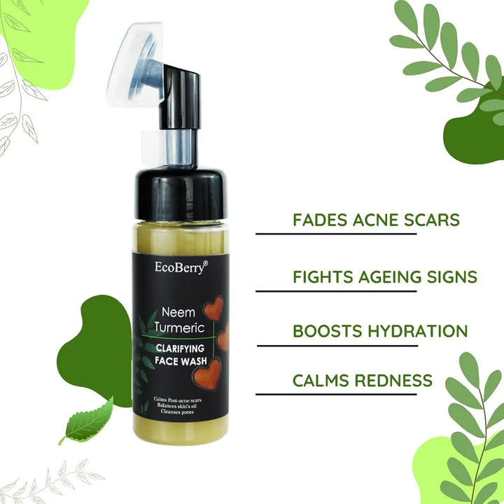 EcoBerry Neem Turmeric Clarifying Face Wash Oily, Acne Prone, Glowing Skin, Cleanses Pores, Moisturises, Reduces Acne Scars, Suits All Skin Types, Sulfate Free, Paraben Free, Vegan, 150ml