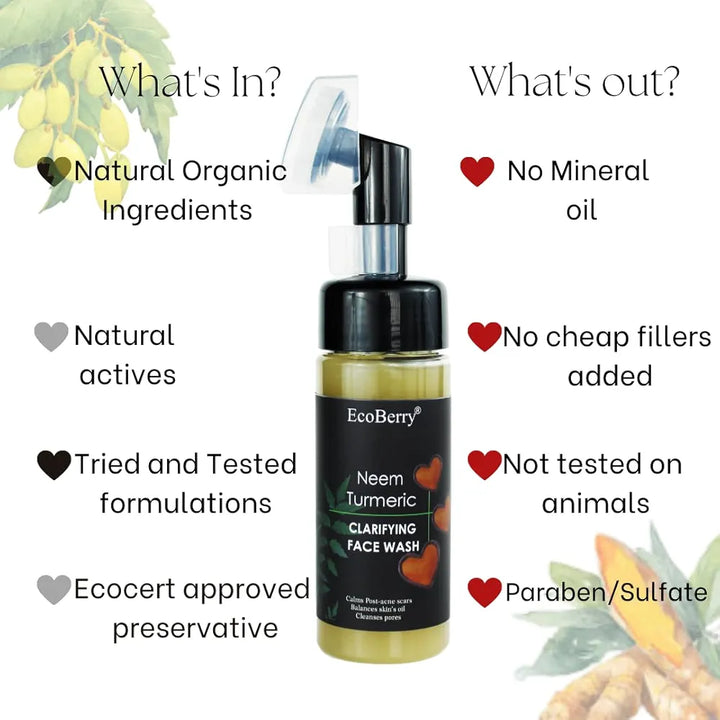 EcoBerry Neem Turmeric Clarifying Face Wash Oily, Acne Prone, Glowing Skin, Cleanses Pores, Moisturises, Reduces Acne Scars, Suits All Skin Types, Sulfate Free, Paraben Free, Vegan, 150ml