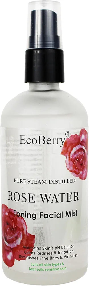 EcoBerry Pure Steam Distilled Rose Water Toning Facial Mist For Calming & Soothing Skin, Hydration, Light Moisturizer, Anti-Aging, Suits All Skin Types 100% Preservative Free & Natural, Vegan