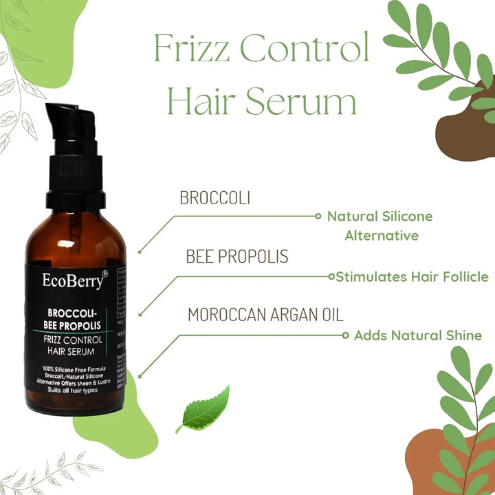 EcoBerry Broccoli Bee Propolis Frizz Control Hair Serum, Moroccan Argan Oil, Enhances Shine Strengthens Hair Follicles, Natural Conditioner & Silicone Alternative, Chemical/Silicone/Paraben Free, Veg