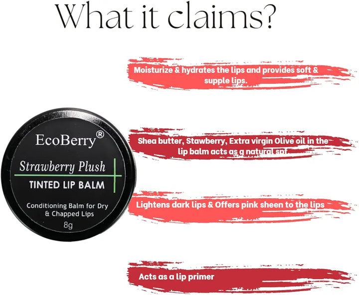 EcoBerry Strawberry Plush Tinted Lip Balm For Natural Pink Lips Dry, chapped Lips | Moisturizing Conditioning Natural SPF | Enriched with Strawberry extracts, Vitamin E & Shea butter 100% Pure, Natural & Handmade, Mineral Oil Free, Preservative Free, Paraben Free | Veg