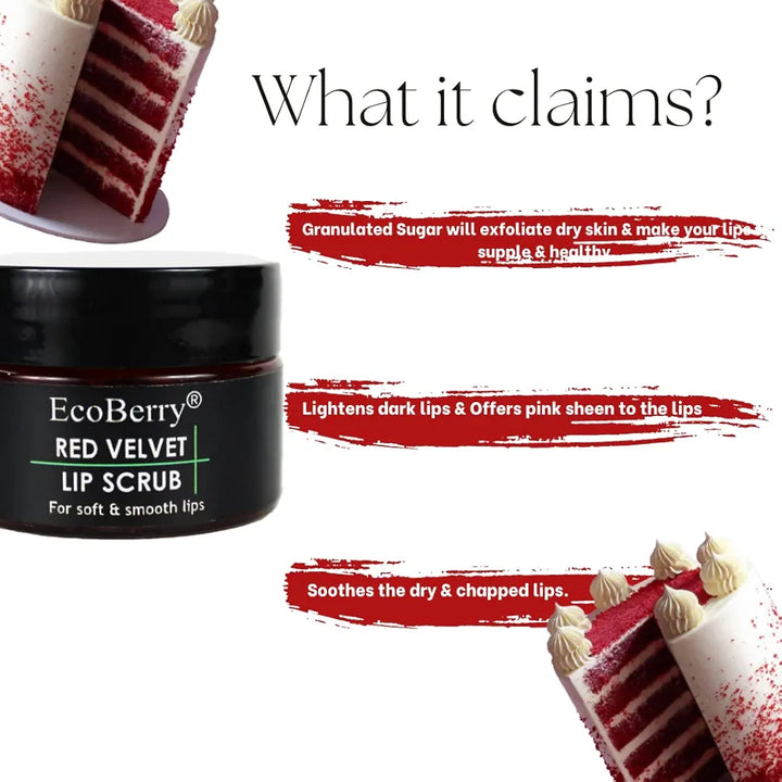 EcoBerry Red Velvet Lip Scrub For Natural Pink Lips Dry, Chapped Lips, Exfoliates, Supple Moisturizing Conditioning, Natural, Handmade, Mineral Oil Free, Preservative Free, Paraben Free, Veg