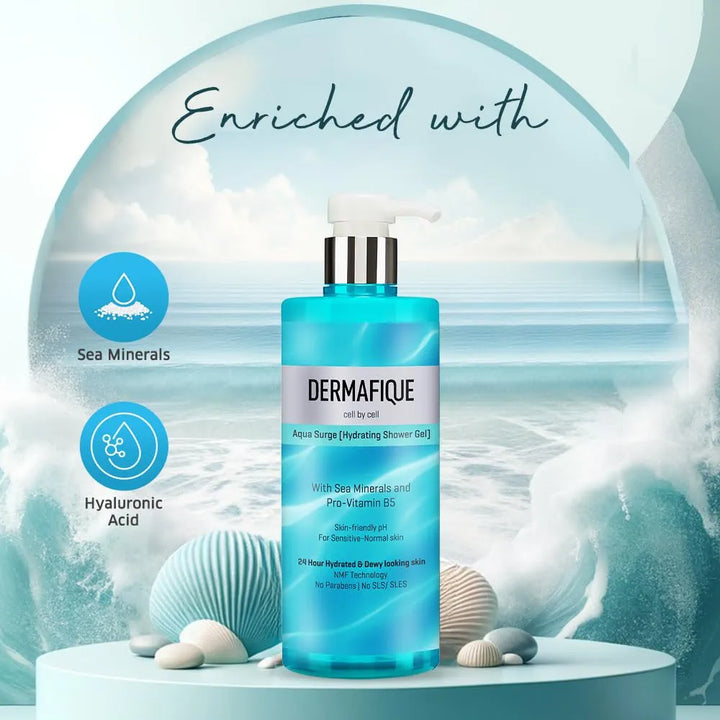 Dermafique Aqua Surge Shower Gel 500ml, Body Wash for Women & Men, No Parabens/SLS/SLES, with Sea Mineral & Pro Vitamin B5, For Hydrated Skin, Suitable for Sensitive-Normal Skin | Dermatologist Tested