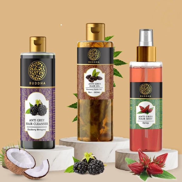 Buddha Natural Anti Grey Hair Combo (Hair Oil, Shampoo, Spray Mist) - 100% Ayush Certified- Complete Haircare for Grey Hair