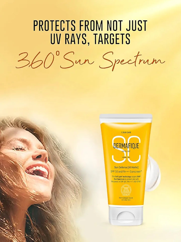Dermafique Sun Defense All Matte, SPF 50, PA +++ Sunscreen 150g, for Normal - Oily Skin, 360 degree Sun Spectrum Protection, Prevents Tanning & Photaging, Protects from UVA,UVB,IR & Visible Light, Dermatologist Tested on Indian Skin, for Men & Women