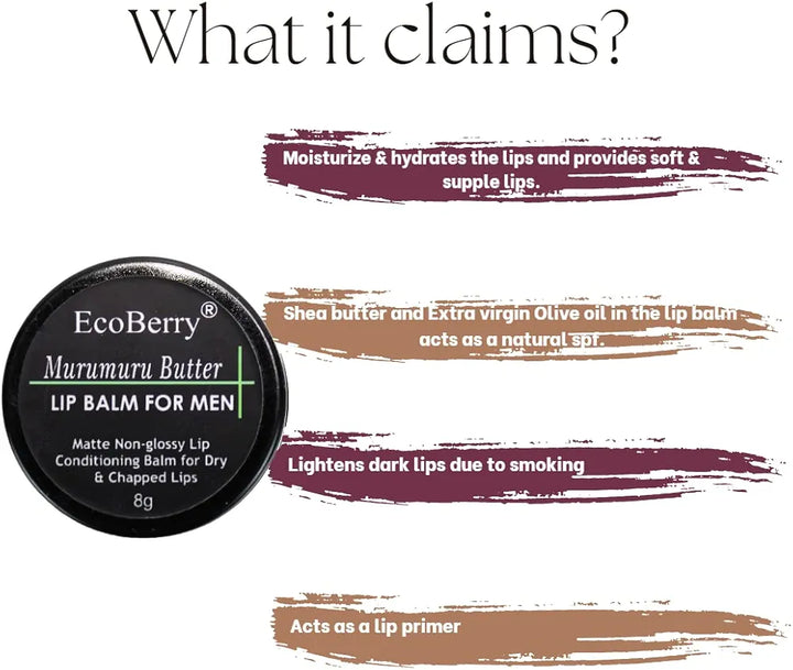 EcoBerry Murumuru Butter Lip Balm For Men Dry, Chapped Lips, Non-shiny Moisturizing, Conditioning, Natural SPF Enriched with Cocoa butter & Vitamin E, Mineral Oil Free, Preservative Free, Veg