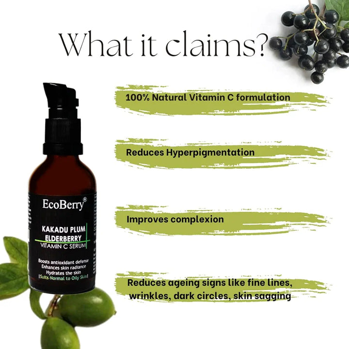 EcoBerry Kakadu Plum Elderberry Vitamin C Serum For Brightening & Glowing Skin, Natural Plant Based Vitamin C Formulation For Men & Women, Chemical Free, Preservative Free, Paraben Free, Vegan