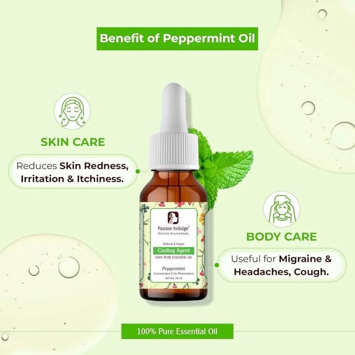 Passion Indulge Peppermint Essential Oil for Reduces Redness, Irritation, Itchiness and Cooling Effect on Skin - 10ml