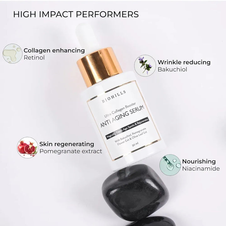 Biohills Ultra Collagen Booster - 30ml | Anti-Aging Serum with Hyaluronic Acid, Niacinamide, Bakuchiol & Retinol | Deep Hydration, Wrinkle Reduction & Skin Firming | Olive Leaf & Pomegranate Extract