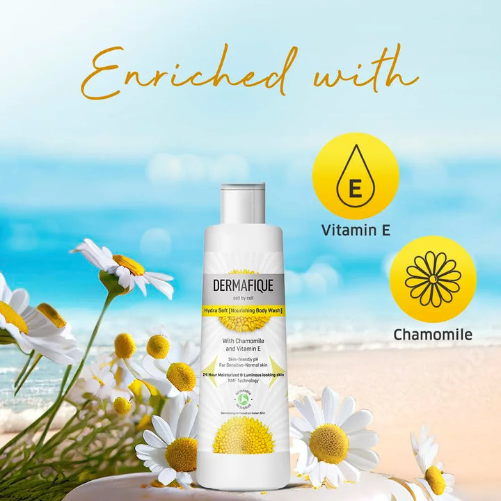 Dermafique Hydra Soft Nourishing Body Wash – 250ml, Showergel for Women & Men, No Parabens/SLS/SLES, With Vitamin E & Chamomile, Suitable for Sensitive - Normal Skin | Dermatologist Tested