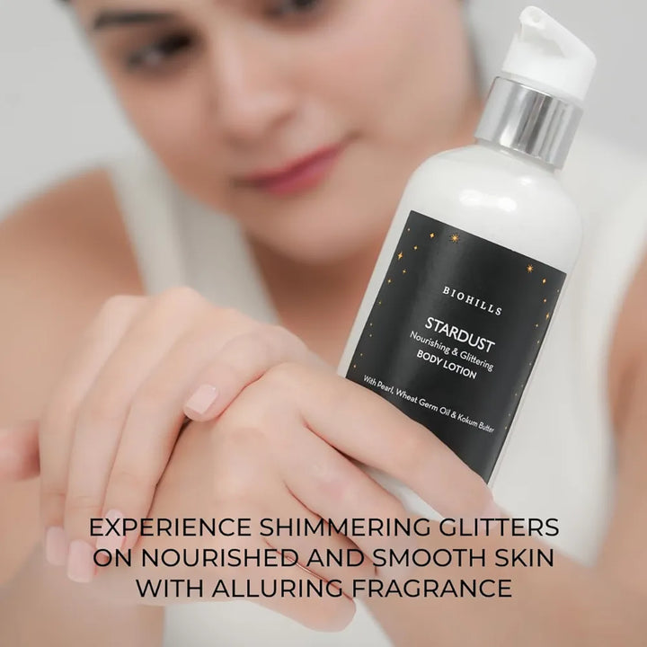 Biohills Stardust Body Milk | 200ml | Luxurious Fragrance, Non-Greasy, Deeply Moisturizing | Enriched with Wheat Germ Oil, Vitamin E & Moroccan Almond Oil | Pearls Radiance & Shimmering Glitters