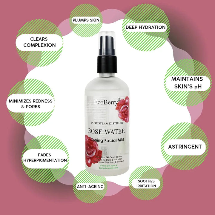 EcoBerry Pure Steam Distilled Rose Water Toning Facial Mist For Calming & Soothing Skin, Hydration, Light Moisturizer, Anti-Aging, Suits All Skin Types 100% Preservative Free & Natural, Vegan