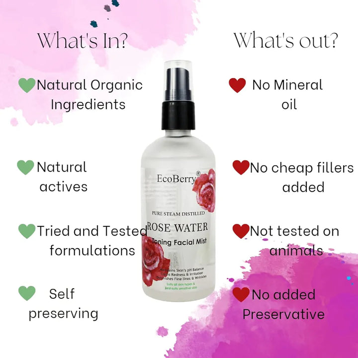 EcoBerry Pure Steam Distilled Rose Water Toning Facial Mist For Calming & Soothing Skin, Hydration, Light Moisturizer, Anti-Aging, Suits All Skin Types 100% Preservative Free & Natural, Vegan