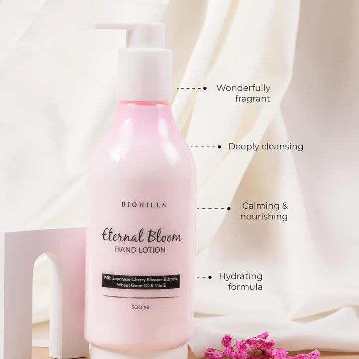 Biohills Eternal Bloom Hand Lotion | Enriched With Japanese Cherry Blossom Extract & Vitamin E | Ideal For Dry & Rough Hands | Intense Mositurising, Non-Greasy & Deeply Nourished | 300ml