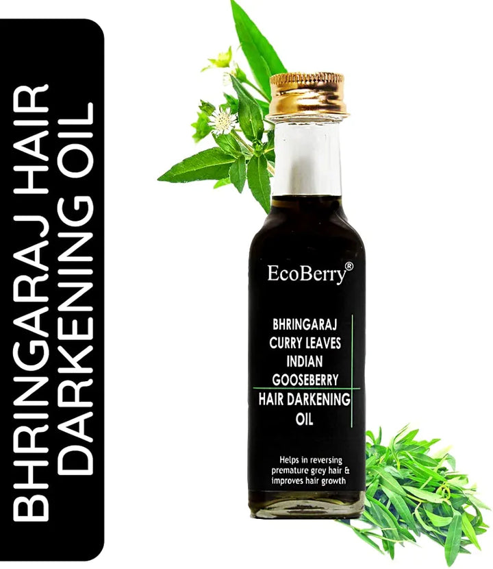 EcoBerry Bhringraj Curry Leaves Indian Gooseberry Hair Darkening Oil | 100% Natural, Organic & Vegan | Strengthens Hair, Reduces Breakage, Dandruff & Dry Scalp | Chemical-Free, Alcohol-Free, Paraben-Free | 100ml