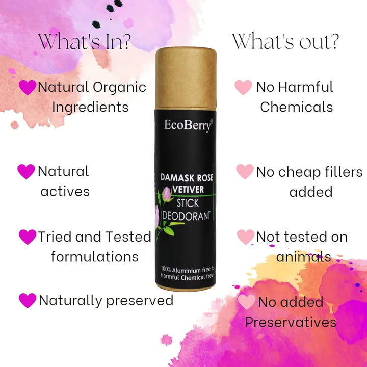 EcoBerry Damask Rose Vetiver Stick Deodorant | Organic, Neutralises Body Odour, Irritation Free, Aluminium Free, Paraben Free, Chemical Free, Cruelty Free, Mineral Oil Free, Phthalate Free, Artificial Color and Fragrance Free, Preservative Free, Veg