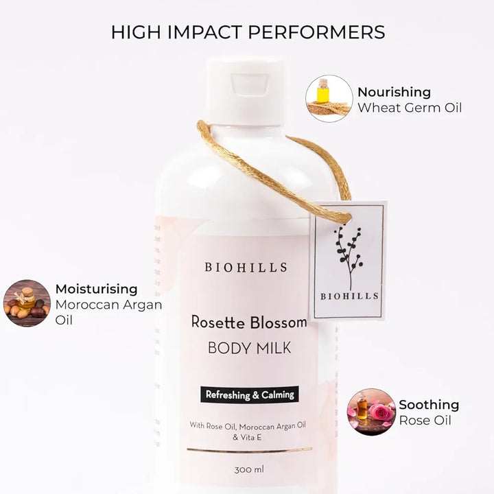 Biohills Rosette Blossom Body Milk | 300ml | Luxurious Fragrance, Non-Greasy, Deeply Moisturizing | Enriched with Wheat Germ Oil, Rose Oil & Moroccan Argan Oil | Infused with Vitamin E & Kokum Butter