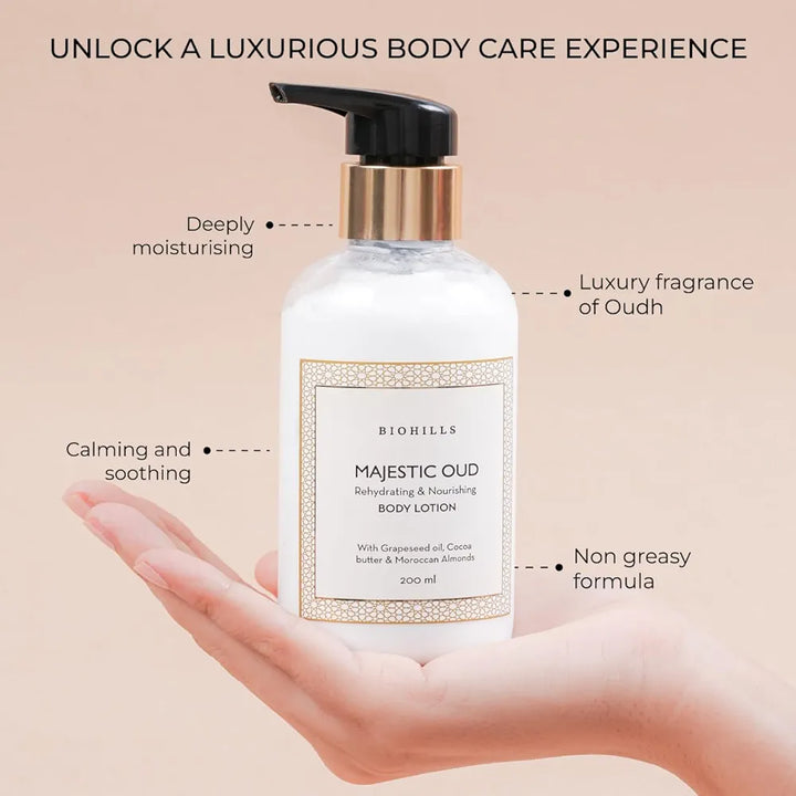 Biohills Majestic Oudh Body Milk - 200ml | Luxurious Fragrance, Non-Greasy Formula, Deeply Moisturizing | Enriched with Cocoa Butter, Grapeseed Oil & Moroccan Almond Oil For Long Lasting Hydration