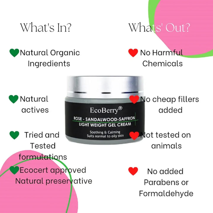 EcoBerry Rose Sandalwood Saffron Light Weight Gel Cream | Calming & Soothing Skin, Provides Hydration, Organic, Natural, Non Comedogenic, Paraben Free, Chemical Free, Cruelty Free, Mineral Oil Free, Preservative Free, Vegan