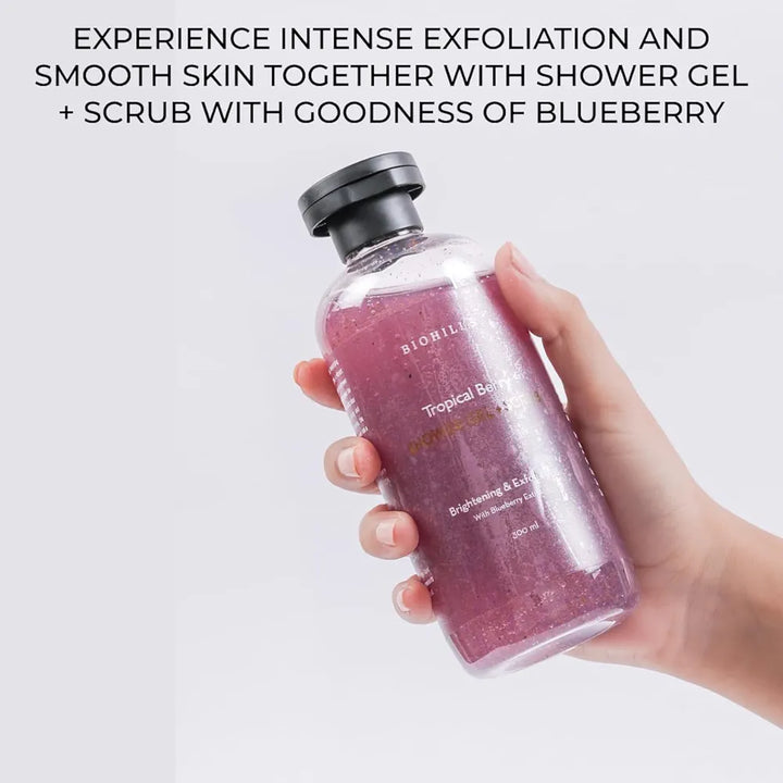 Biohills Tropical berry Shower Gel + Scrub | Nourishing Body Wash For Women & Men | 300ml | 2-in-1 Exfoliating & Hydrating Formula | Blueberry Extract For Soothing Skin | Luxurious Fragrance & Deep Cleansing