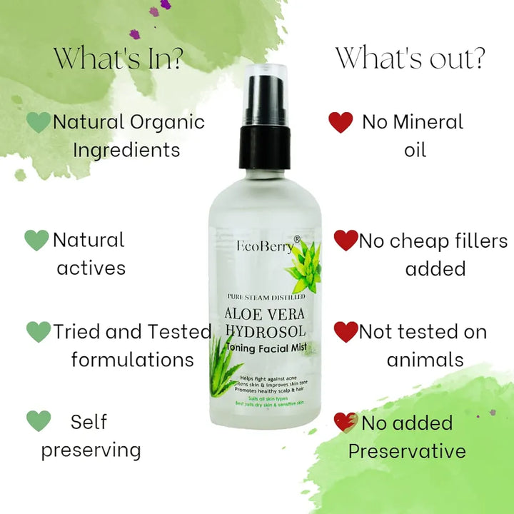 EcoBerry Pure Steam Distilled Aloe Vera Hydrosol Toning Facial Mist Soothes Skin, Sun Burn, Anti-Ageing, Promotes Hair growth, Reduces Dandruff, Natural, Handmade, Chemical Free, Paraben Free, Vegan