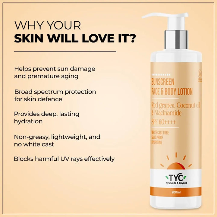 TYC - TRUST YOUR CHOICE Sunscreen Spf 60++++ Face And Body Lotion, With Coconut Oil And Niacinamide, No White Cast And Sand Proof, Hydrating Ayurvedic And Natural, For All Skin Types 