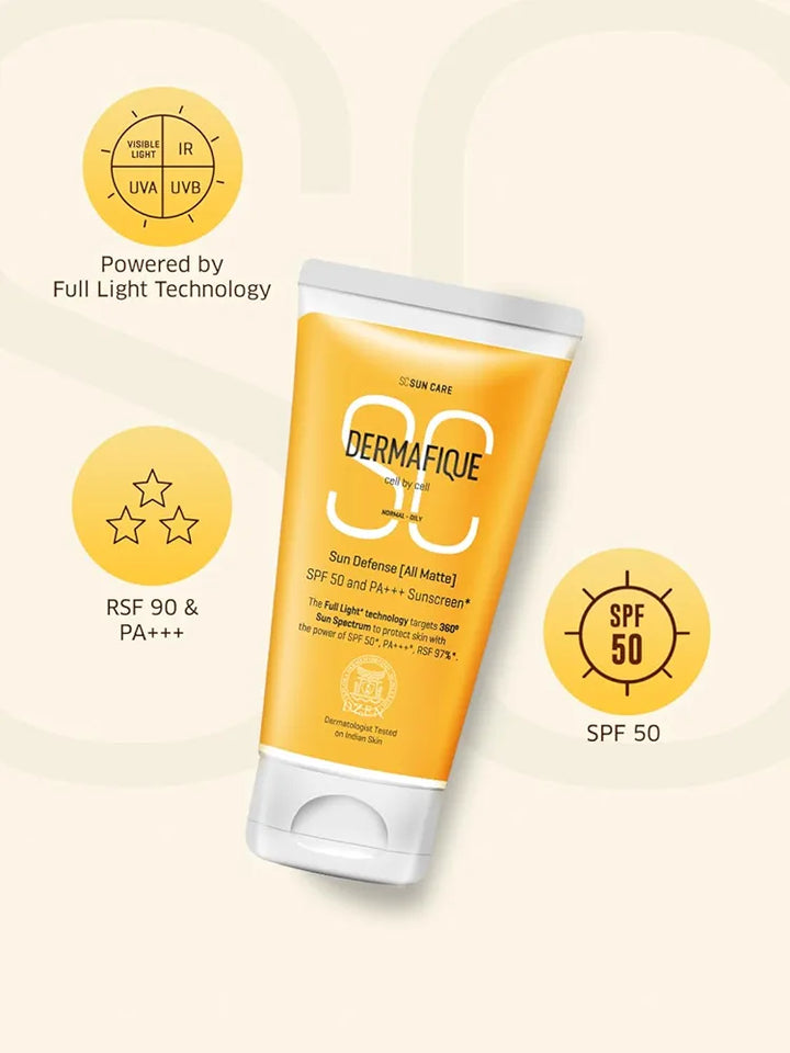 Dermafique Sun Defense All Matte, SPF 50, PA +++ Sunscreen 150g, for Normal - Oily Skin, 360 degree Sun Spectrum Protection, Prevents Tanning & Photaging, Protects from UVA,UVB,IR & Visible Light, Dermatologist Tested on Indian Skin, for Men & Women