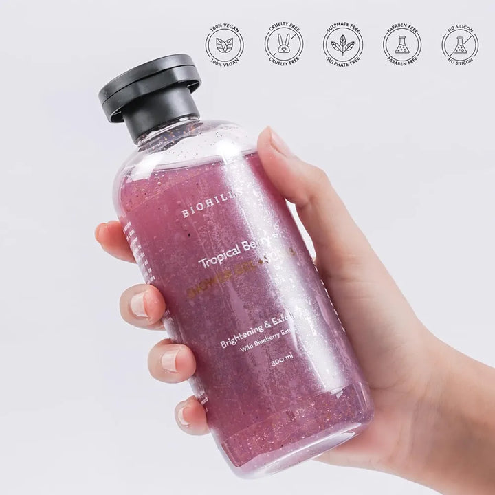 Biohills Tropical berry Shower Gel + Scrub | Nourishing Body Wash For Women & Men | 300ml | 2-in-1 Exfoliating & Hydrating Formula | Blueberry Extract For Soothing Skin | Luxurious Fragrance & Deep Cleansing