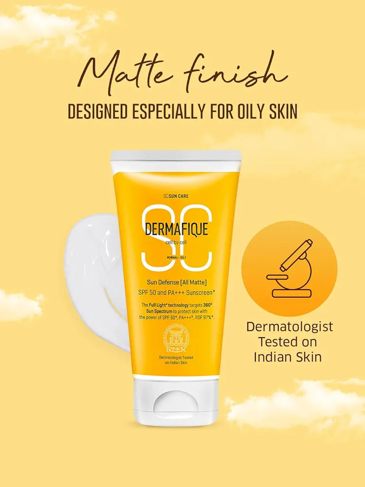 Dermafique Sun Defense All Matte, SPF 50, PA +++ Sunscreen 150g, for Normal - Oily Skin, 360 degree Sun Spectrum Protection, Prevents Tanning & Photaging, Protects from UVA,UVB,IR & Visible Light, Dermatologist Tested on Indian Skin, for Men & Women