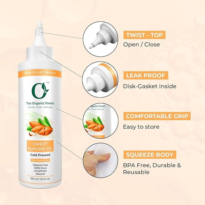 The Organic Forest Sweet Almond Oil for Hair Skin & Massage - Pure Cold Pressed - 100 ml