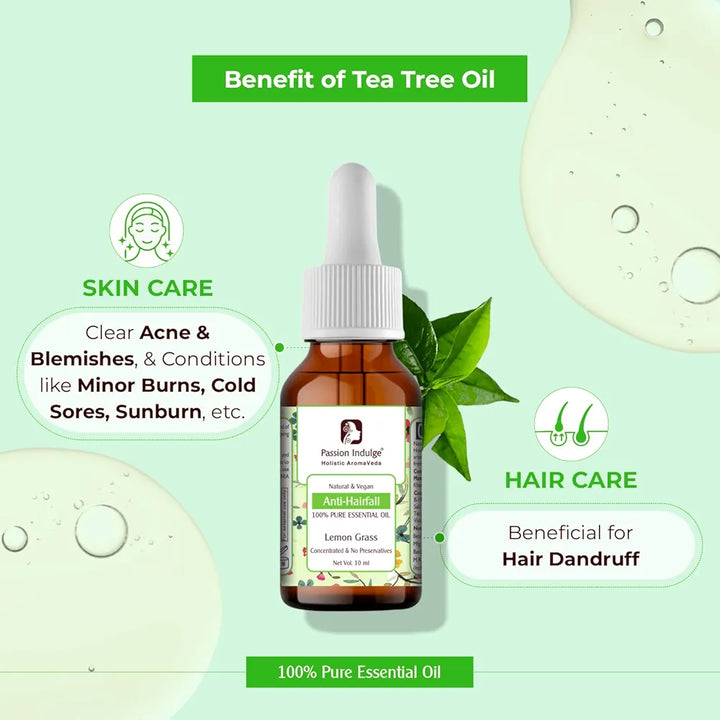 Passion Indulge Natural Tea Tree Essential Oil for Oily Hair Dandruff & Acne | No Preservatives | 100% Vegetarian| Vegan - 10ml