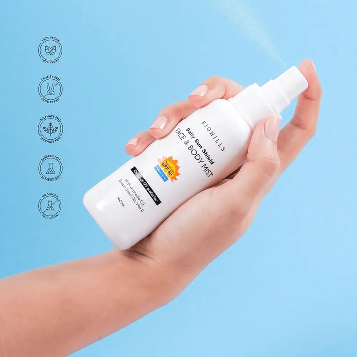 Biohills Daily Sun Shield Face & Body Mist SPF 50 PA+++ | Avocado Oil & Grape Seed Oil for Nourishing Hydration | Niacinamide, Vitamin E & Aloe Vera for Sun Protection & Skin Repair