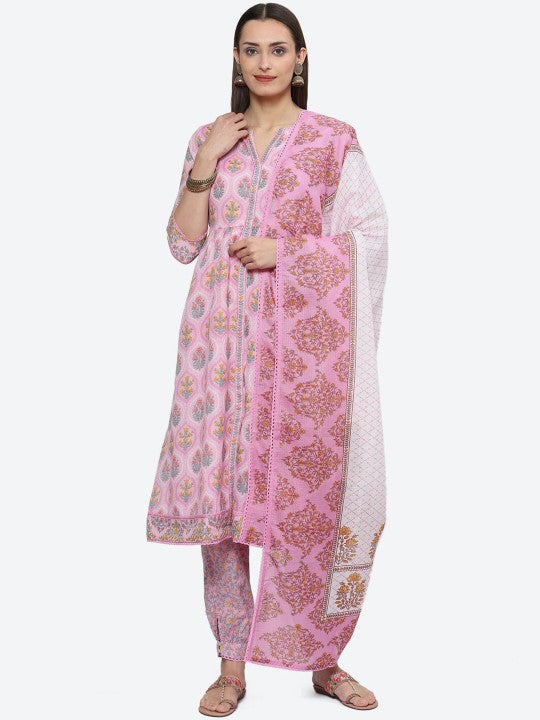 Biba Floral Printed A-Line Kurta with Salwar & Dupatta