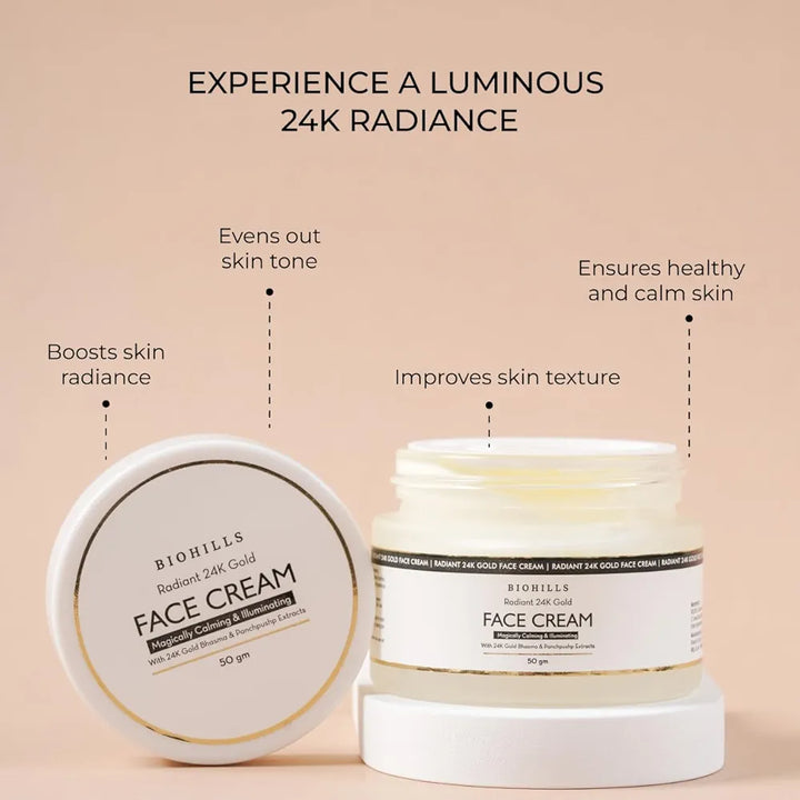 Biohills 24K Gold Face Cream For Glowing Skin and Hydration With Saffron for Brightening & Youthful Glow, Rose, Jasmine & Marigold For Moisturising & Soothing Skin | Kewra for Refreshing Skin Balance | 50gm