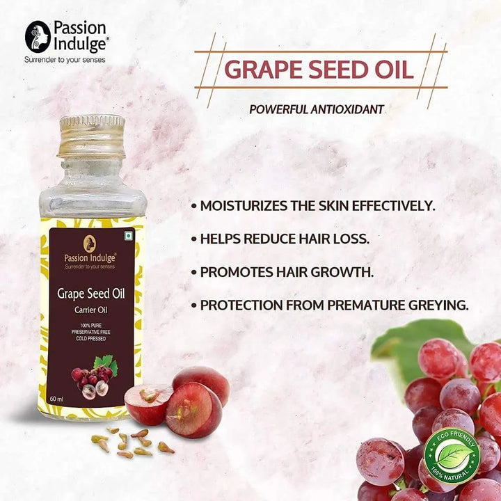 Passion Indulge Natural Grape Seed Carrier Oil for Skin, Face | Dark Circles | Natural Oil | No Additive No Fragrance | Organic Certified Carrier Oil, 60 ml