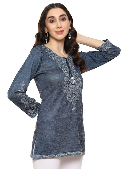 Biba Ethnic Motif Yoke Design Tie-Up Neck Straight Kurti