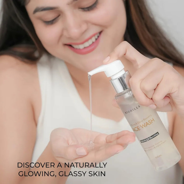 Biohills Glow & Glassy Face Wash Cleanser 100ml | Hyaluronic Acid, Niacinamide & Alpha Arbutin for Hydration & Skin Clarity | Ginseng, Orange Peel & Liquorice for Brightening & Even Tone